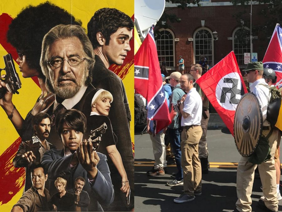 Amazons Hunters Poster (left) Protesters at Unite The Right rally (right)